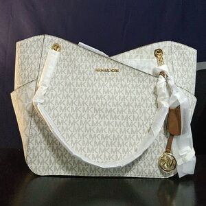 Michael Kors White and Gold Monogram Tote